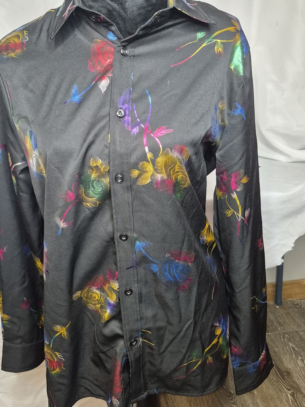Zeroyaa Black Floral Satin Button-Up Blouse with Multicolor Accents